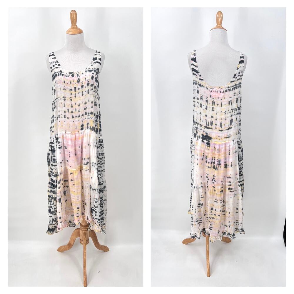 AMANDA BOND Addie Tie Dye Midi Dress Womens XS Small White Black Pink Cotton
